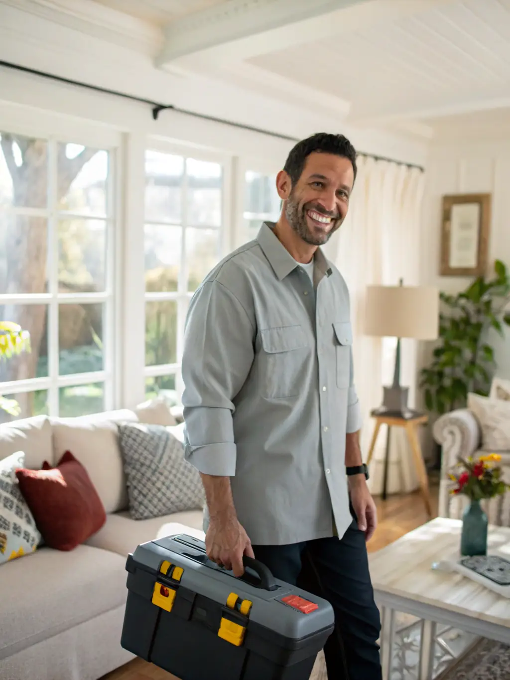A friendly technician from Blind Repair Tech & More smiling while holding a set of newly installed blinds in a Chattanooga home.