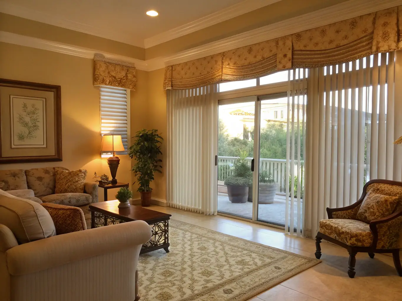 A professionally installed set of vertical blinds in a modern living room, showcasing clean lines and effective light control.